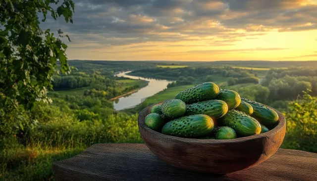 Wooden bowl of fresh cucumbers on rustic table overlooking a winding river at sunset