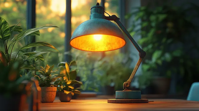 Warm table lamp glows on a desk beside small potted plants in a dim evening office.