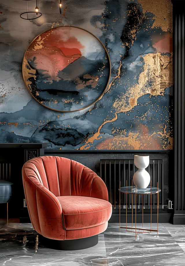 Red velvet barrel chair and white vase sit near a black metal side table beneath gold leaf wall art.