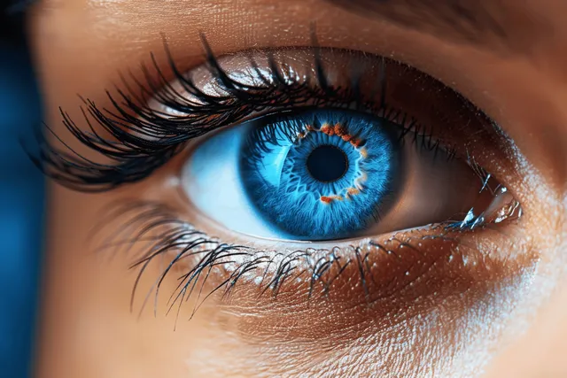 Close-up blue human eye with detailed iris patterns and orange rim highlights