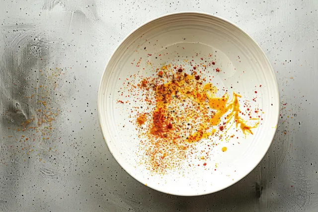 An empty white bowl on a gray textured surface with scattered yellow and red powdered spices.