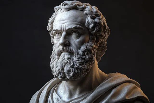 Close-up marble bust of a serious bearded man with curly hair and draped cloth against a dark background.