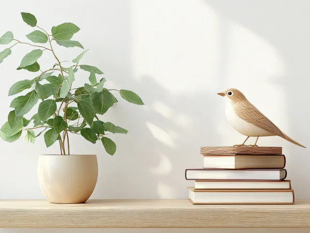 A wooden bird sculpture stands on stacked books next to a beige potted green plant in a softly lit minimalist interior.