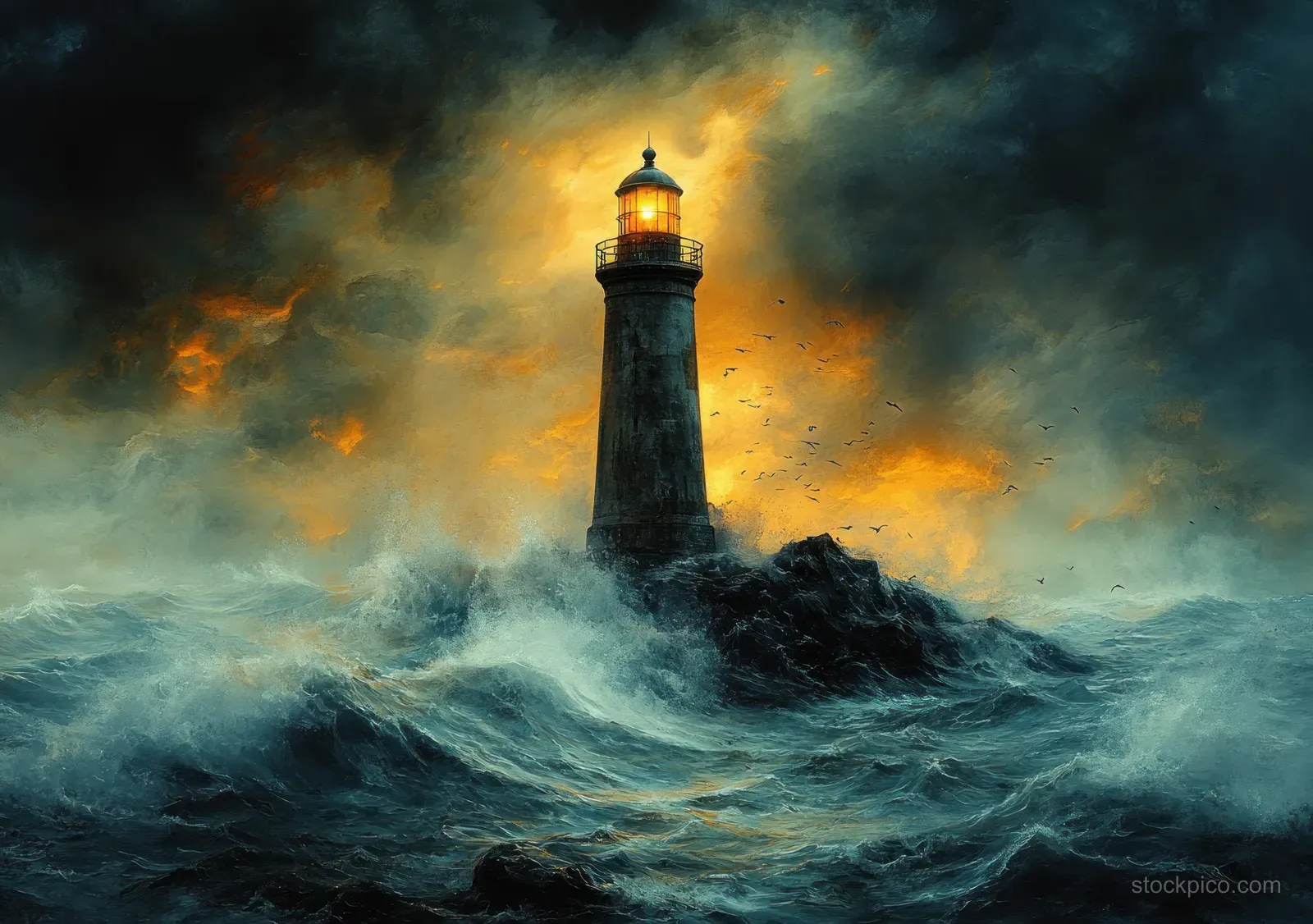 Watercolor painting of a lighthouse on black rocks with foamy storm waves under dark, glowing sunset clouds.