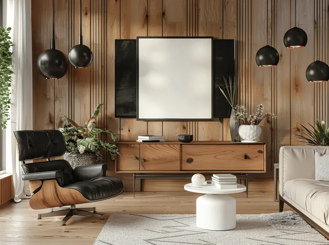 Blank poster frame hangs in a Scandinavian living room with wood paneling, black leather armchair, and white coffee table.