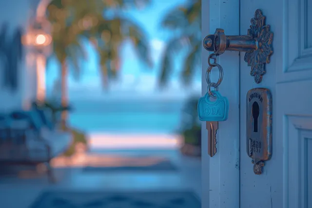 Apartment entry door with hanging keys in focus and a blurred corridor leading to an ocean view.