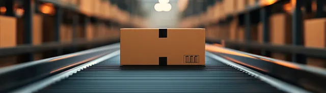 Cardboard shipping box moves along a metal conveyor belt in a warehouse while shelves of boxes blur in the background.