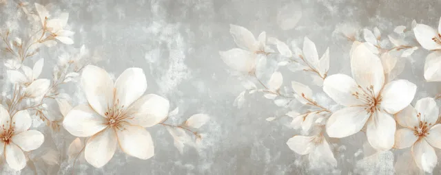 White watercolor flowers arranged in a soft gray repeating wallpaper pattern.