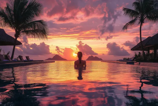 Silhouetted person relaxing in a sunset infinity pool with palm trees and reflected colorful sky.