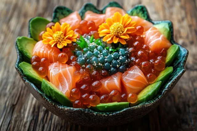 Salmon sushi bowl with avocado, seaweed, and roe on rustic wood
