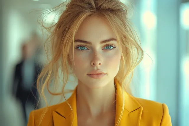Businesswoman in a yellow blazer stands in a corporate hallway with blurred figures in the background.