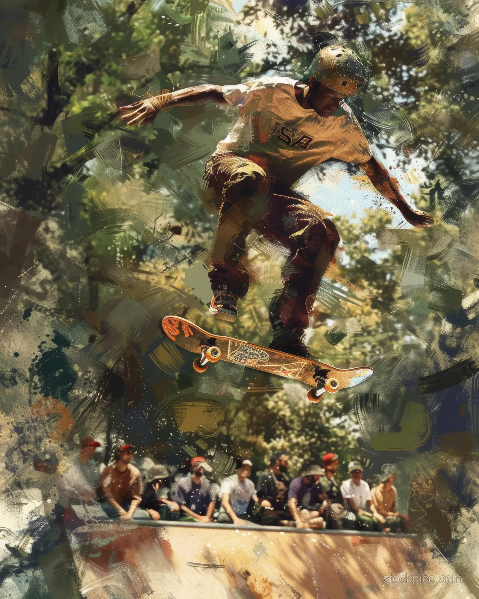 Skateboarder soars mid-air above a park ramp as spectators watch beneath sunlit trees.