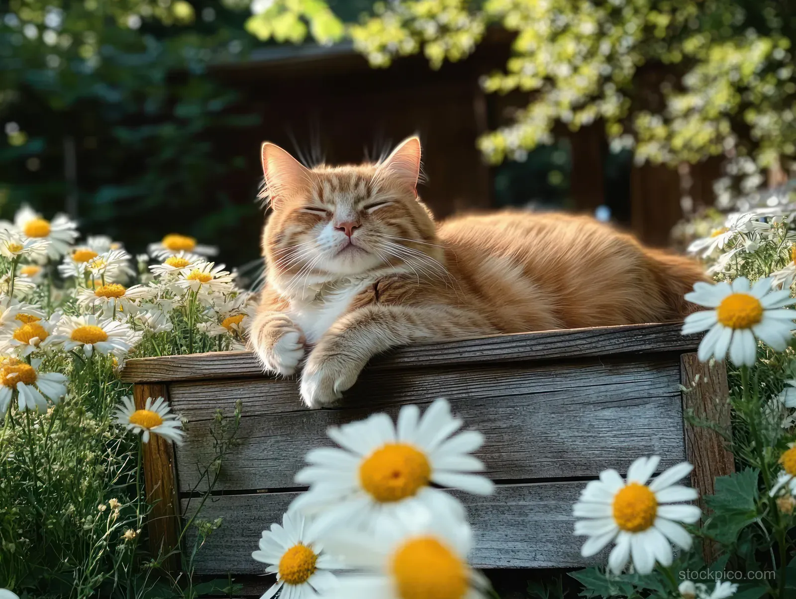 A ginger cat rests on a wooden bench surrounded by white daisies in a sunlit garden.