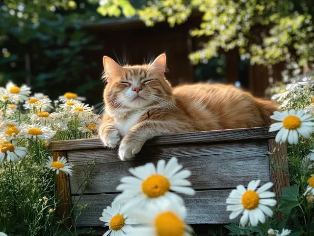A ginger cat rests on a wooden bench surrounded by white daisies in a sunlit garden.