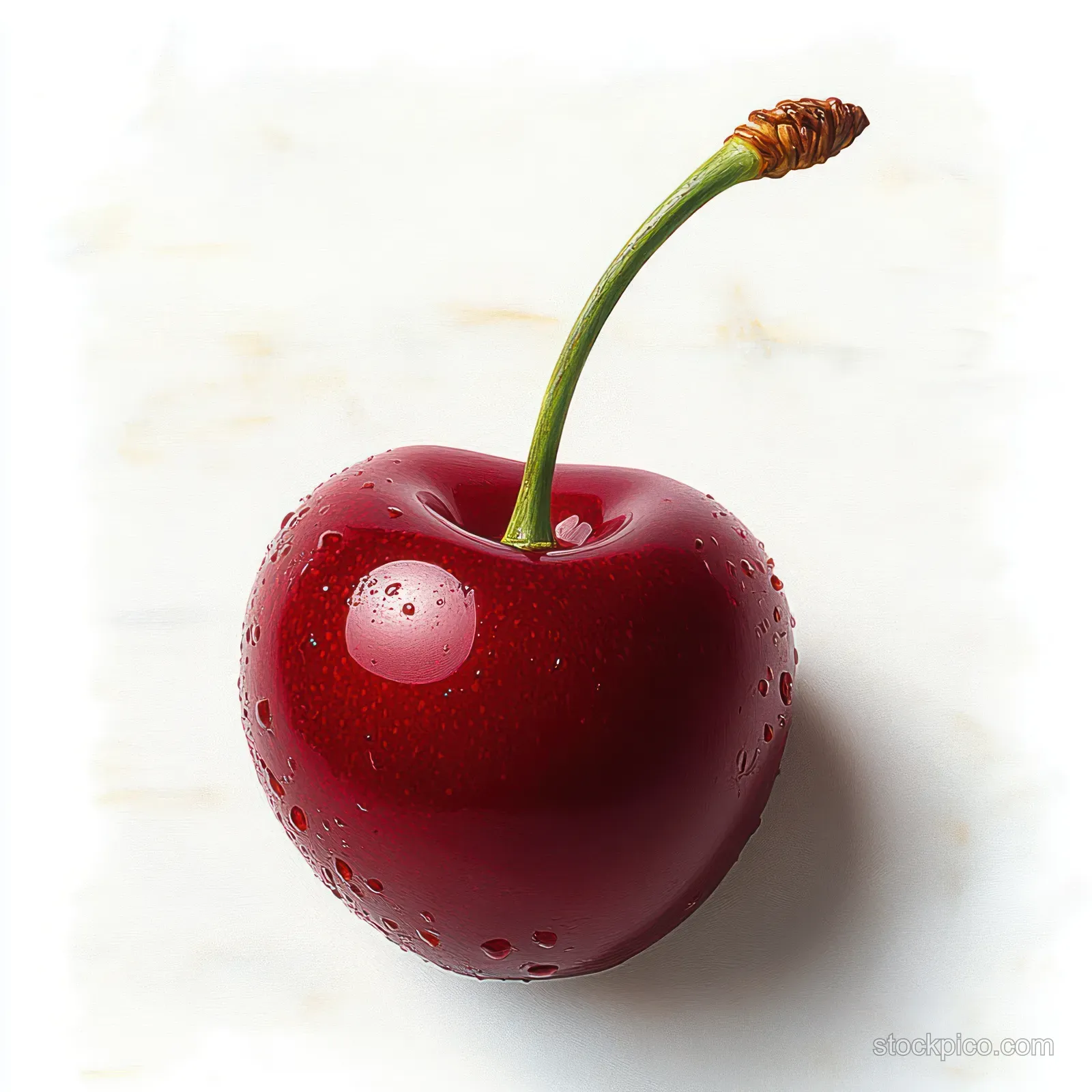 A single fresh red cherry with water droplets and a green stem isolated on a white background.