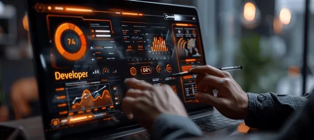 Hands using a stylus and keyboard to review glowing analytics charts on a widescreen dashboard.