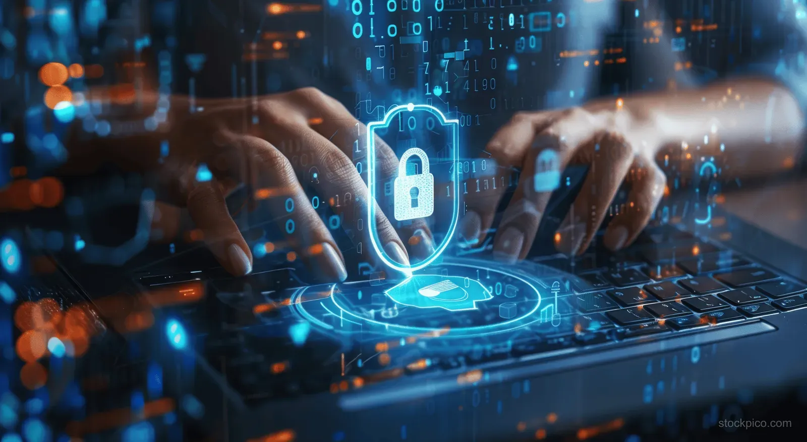 A business woman typing on a laptop with a glowing digital padlock and security shield overlay in a cyber-themed scene.