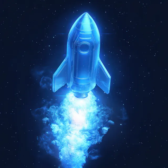 A blue futuristic rocket blasts upward into a starry space, surrounded by glowing aura and misty energy flames.