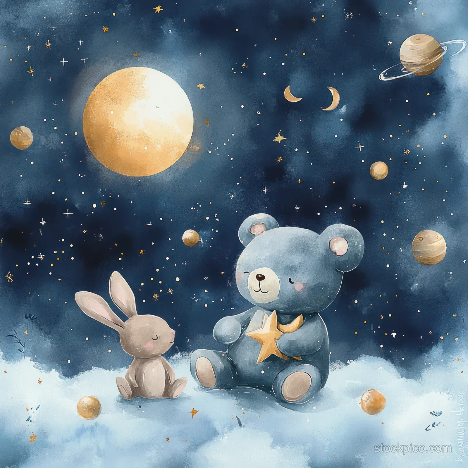 A teddy bear and rabbit float on cloud puffs under a moon, surrounded by planets and stars in a watercolor night sky.