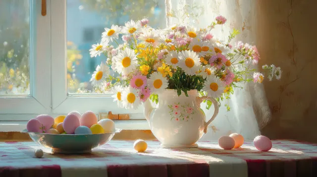 Daisy bouquet in white ceramic jug beside pastel eggs on sunlit table near window sheer curtains