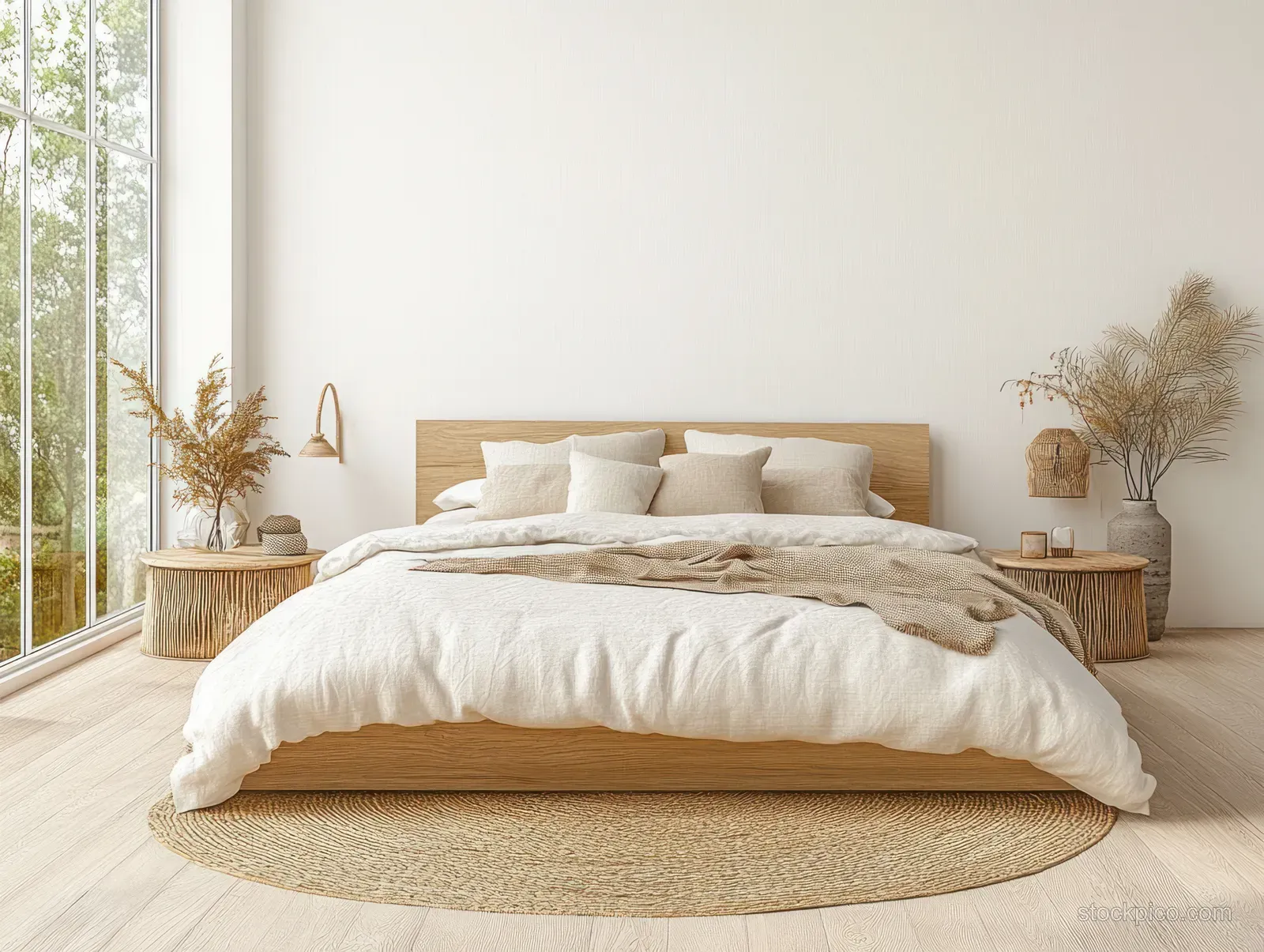 Wooden bed with neutral linen bedding in a bright minimalist bedroom with a sunlit window and woven rug.