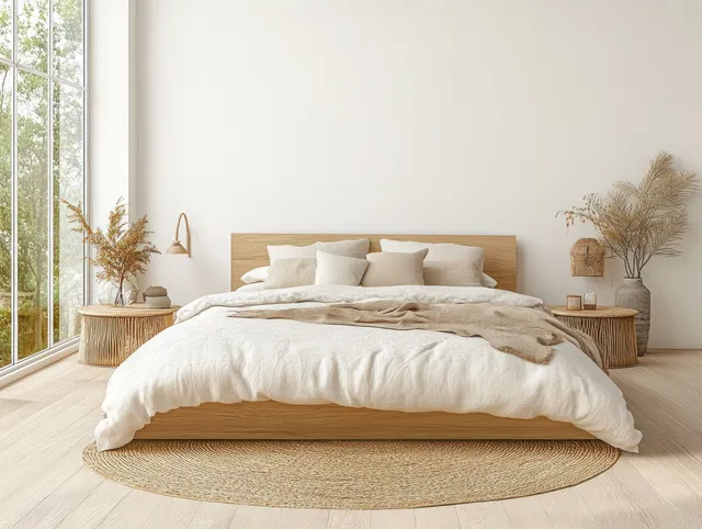 Wooden bed with neutral linen bedding in a bright minimalist bedroom with a sunlit window and woven rug.