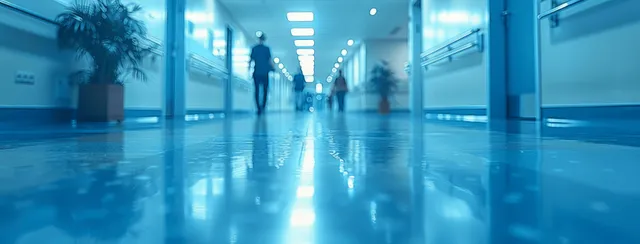 An empty hospital corridor with glossy floor reflections and soft blue lighting in a blurred perspective.