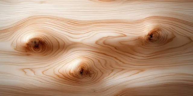 Light pine wood grain close-up showing knots and flowing swirls on a smooth plank