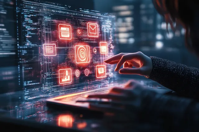 A hand reaches toward a neon SEO analytics dashboard with glowing charts and search icons on a dark screen.