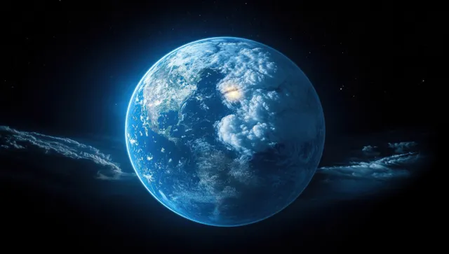 A blue Earth-like planet with glowing sunlight highlights and swirling clouds in dark outer space.