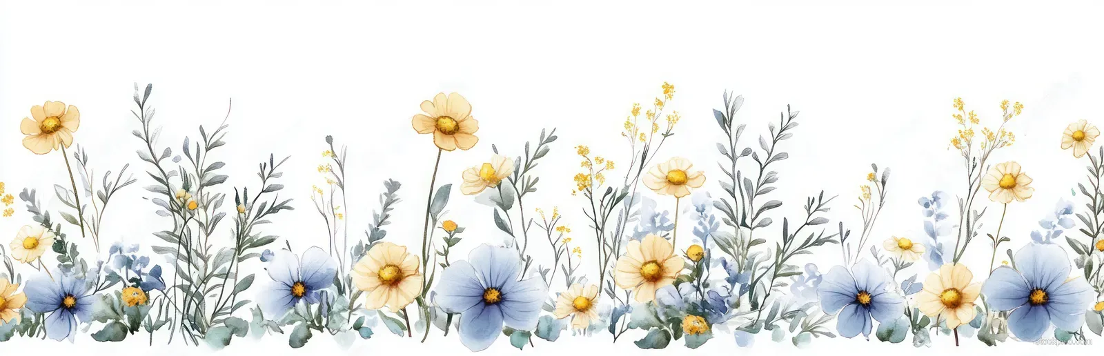 Watercolor floral border with chamomile daisies, small blue wildflowers, and green leafy stems on a light background.