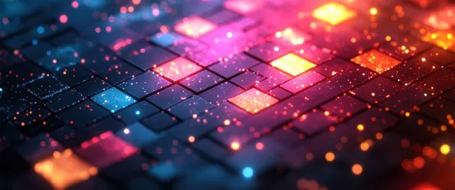 散落发光的 Python 代码方块置于蓝色背景上，周围环绕着柔和光粒。