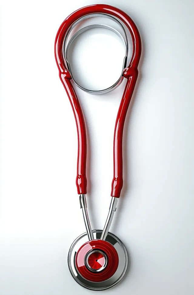 A red and silver stethoscope lies on a white surface with its circular chest piece facing up.