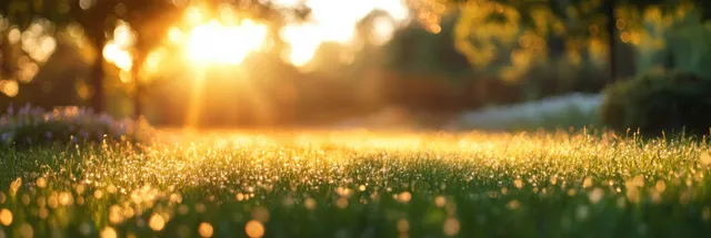 Dewy grass blades glow in warm morning sunlight with a softly blurred garden meadow background.