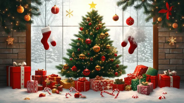 A lit Christmas tree stands in a snowy room surrounded by wrapped gifts, candy canes, and hanging red ornaments.