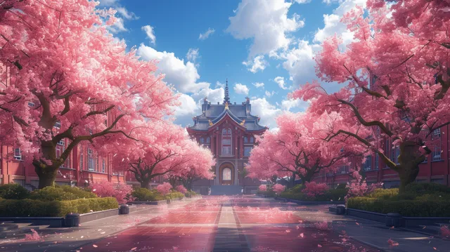 Anime cherry blossom trees in full bloom line a school walkway leading to a traditional building under a blue sky.
