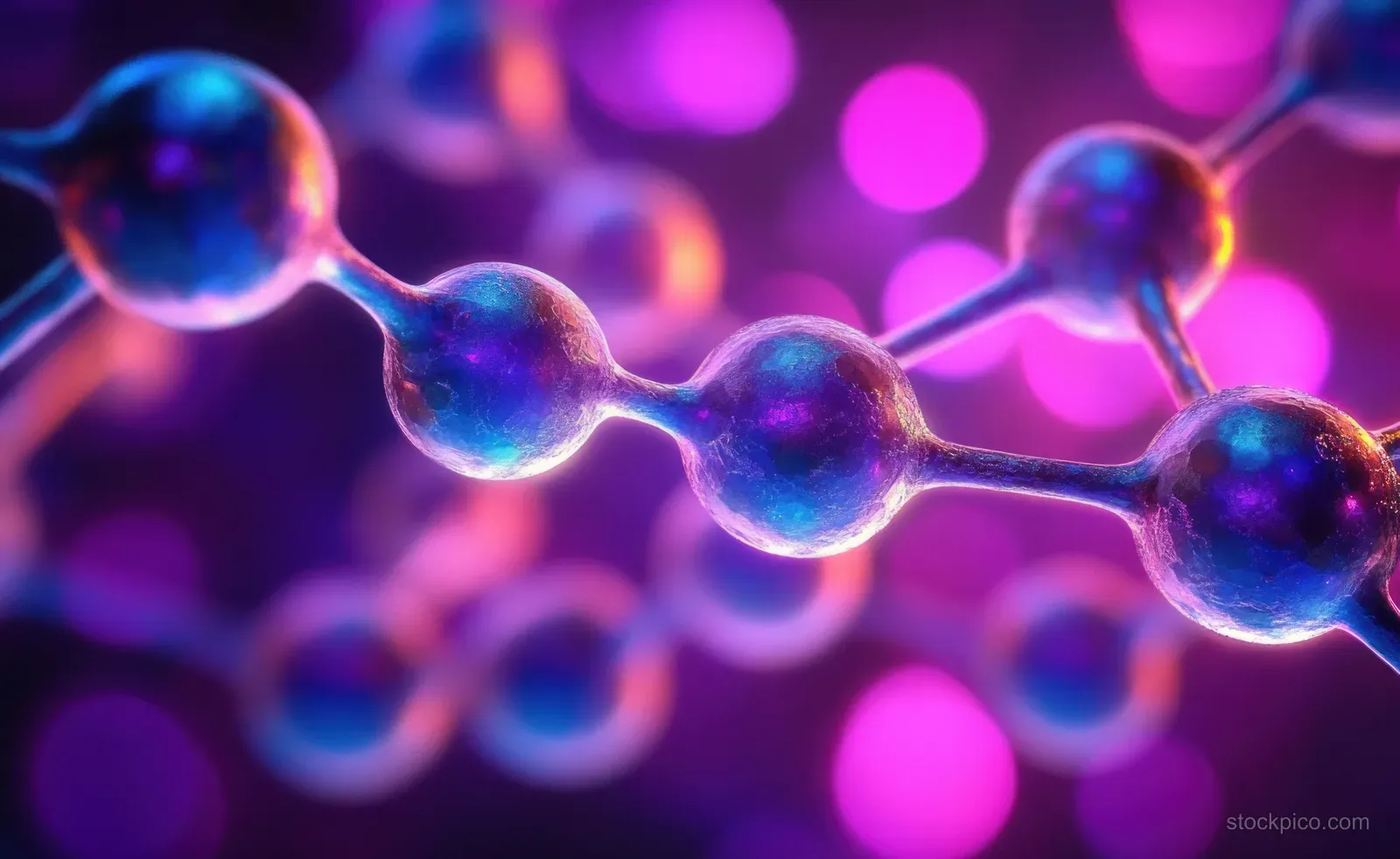 A glowing molecular chain of spherical atoms connects across a purple-blue neon background in close-up.