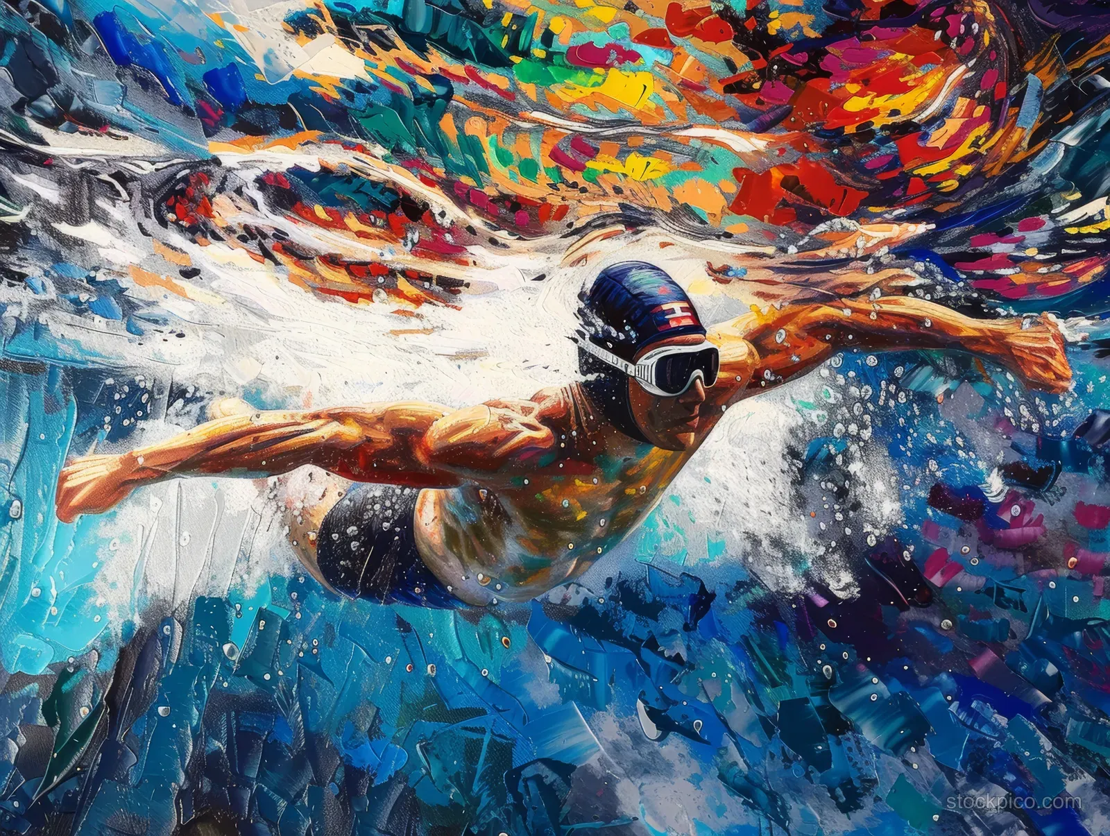 A backstroke swimmer cuts through splashing water beneath colorful swirling paint-like motion streaks.