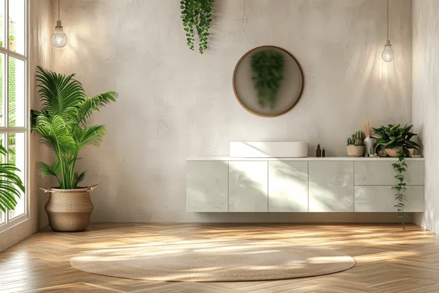 Minimalist bathroom with a floating vanity, round mirror, potted plants, and sunlit wooden floor.