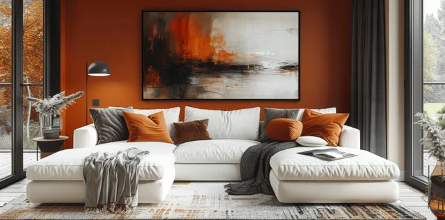 Peach and beige living room with white sectional sofa, abstract wall art, and a coffee table in warm daylight.