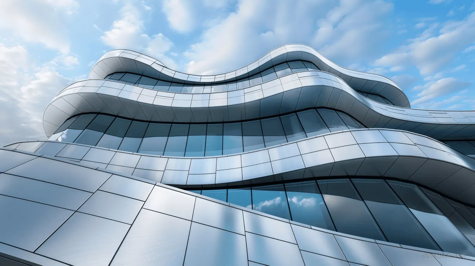 Low-angle view of a futuristic curved building with reflective silver tile facade and layered balconies under blue sky.