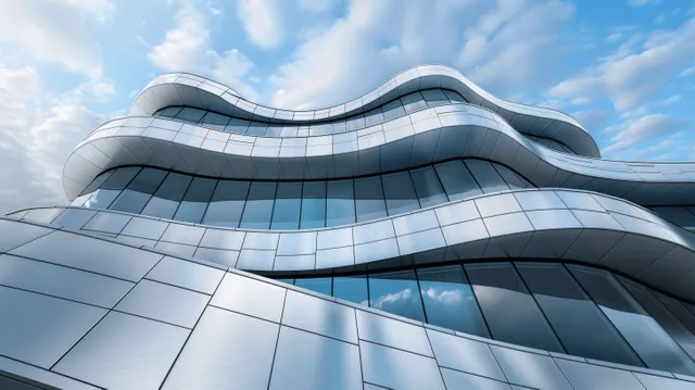 Low-angle view of a futuristic curved building with reflective silver tile facade and layered balconies under blue sky.