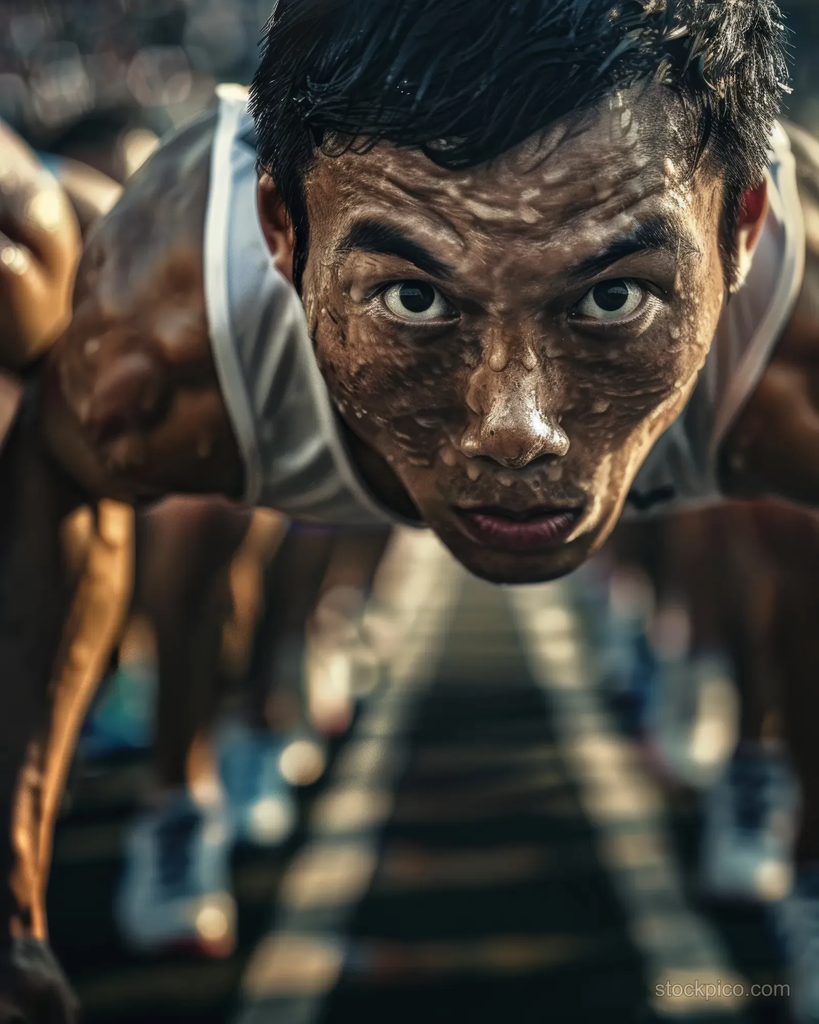 Japanese relay runners on a track lane hold ready batons with intense focus as the crowd blurs behind them.