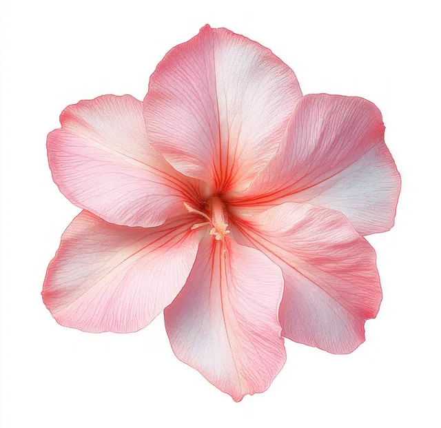 Delicate pink flower with translucent veined petals on white background