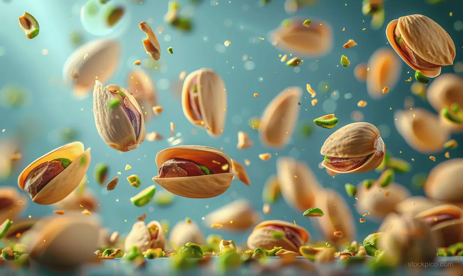 Shelled pistachio nuts floating against a blue background.