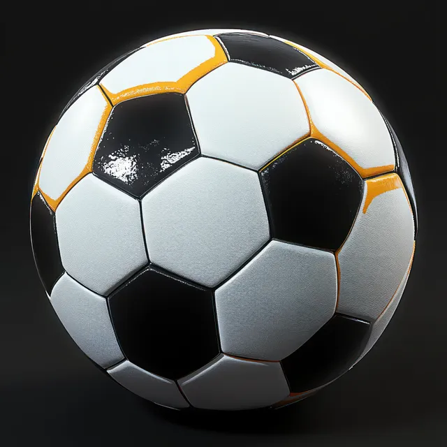 Shiny black and white soccer ball with orange stitching centered against a dark background.