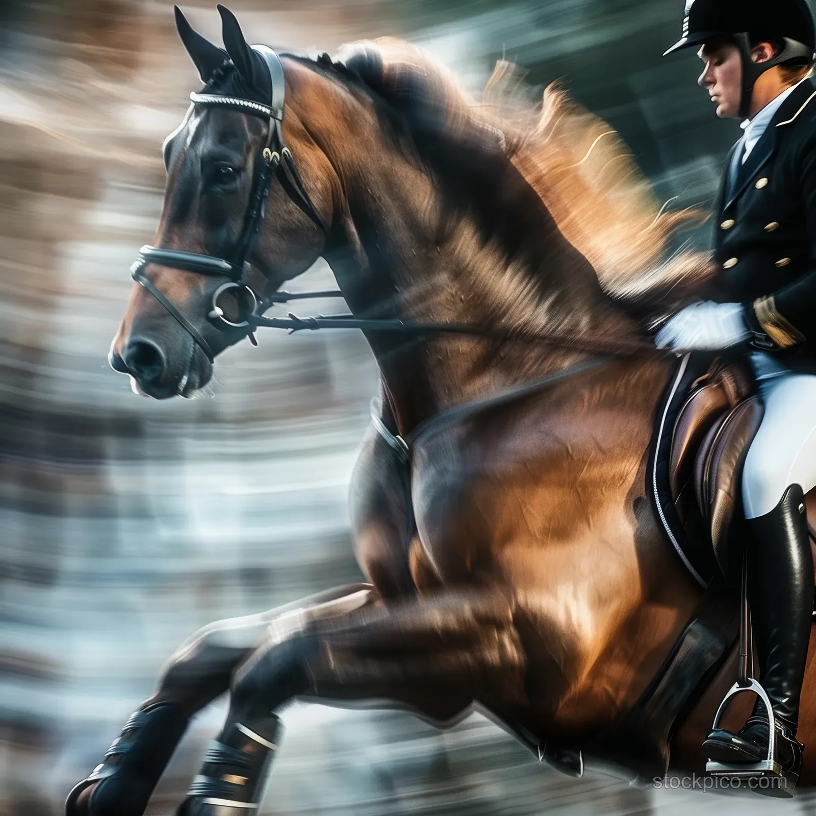 Rider in formal dress guides a dressage horse mid-motion, horse head and bridle sharply detailed with blurred arena background.
