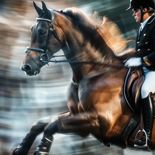 Rider in formal dress guides a dressage horse mid-motion, horse head and bridle sharply detailed with blurred arena background.