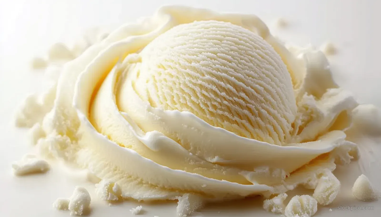 Close-up of a vanilla ice cream scoop with creamy swirls and small crumbles on a white surface.