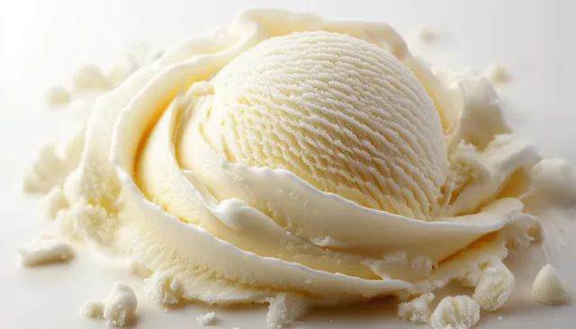 Close-up of a vanilla ice cream scoop with creamy swirls and small crumbles on a white surface.